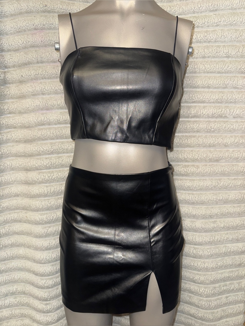 Forever 21 Black Faux Leather 2 Piece Set Corset Top + Mini Skirt S